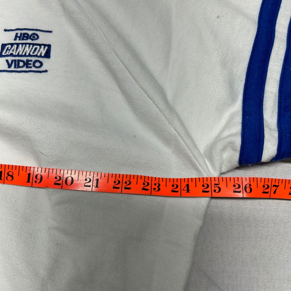 Vintage 80s HBO Cannon Video Cardigan Sweatshirt White Blue Striped Large boxy - Picture 5 of 7
